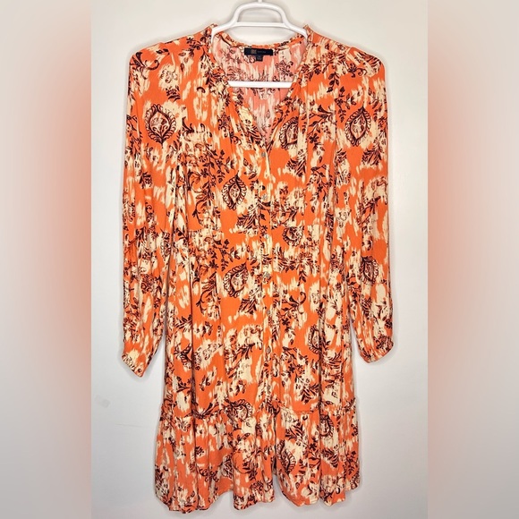Frye Ruffle Neck Button Front Orange Floral Long Sleeve Mini Dress Size M - Picture 2 of 9